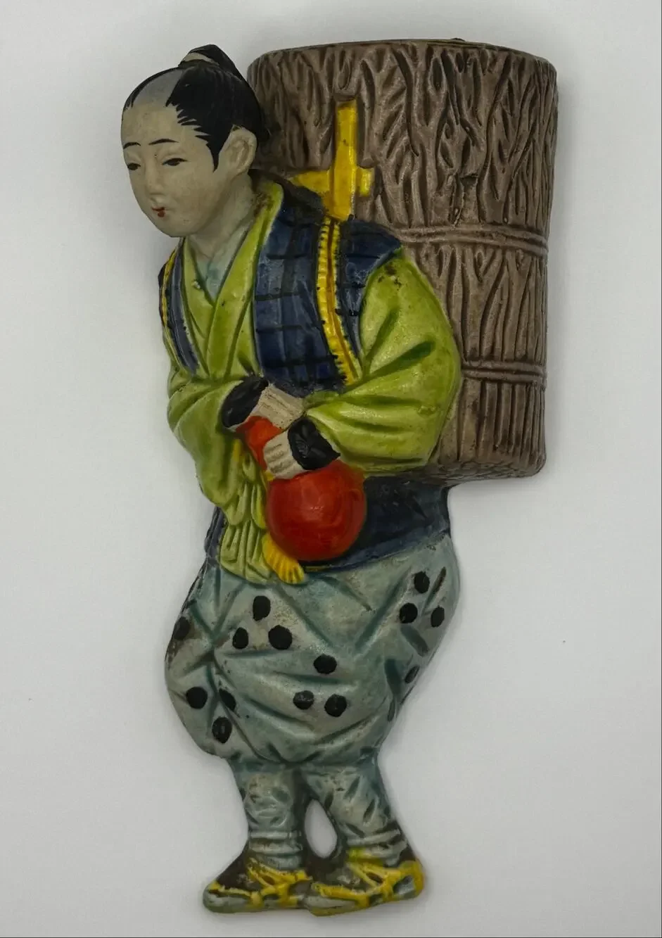 Vintage Banko? ceramic Japanese man with basket wall pocket vase. MADE IN JAPAN